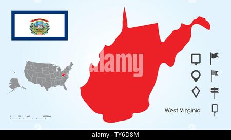 Mappa degli Stati Uniti d'America con lo stato selezionato del West Virginia e West Virginia bandiera con il localizzatore collezione. Illustrazione Vettoriale