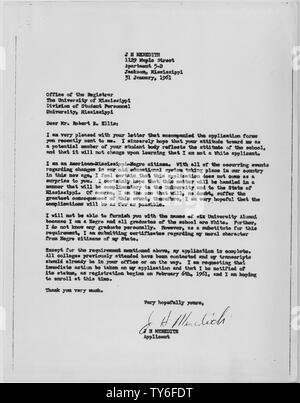 James Meredith la lettera al Cancelliere, University of Mississippi Gennaio 31, 1961; l'ambito e il contenuto: Lettera di Giacomo Meredith concernenti la sua applicazione alla University of Mississippi. Note generali: Kennedy,John F. Foto Stock