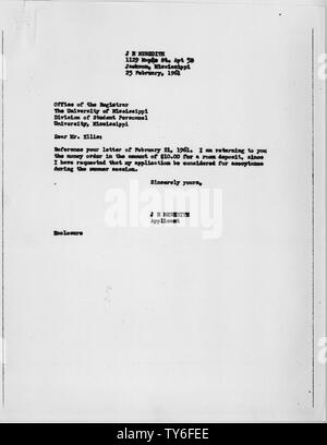 James Meredith la lettera al Cancelliere, University of Mississippi Febbraio 25, 1961; l'ambito e il contenuto: Lettera di Giacomo Meredith concernenti la sua applicazione alla University of Mississippi. Note generali: Kennedy,John F. Foto Stock