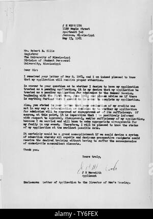 James Meredith la lettera al Cancelliere, University of Mississippi Maggio 15, 1961; l'ambito e il contenuto: Lettera di Giacomo Meredith concernenti la sua applicazione alla University of Mississippi. Note generali: Kennedy,John F. Foto Stock