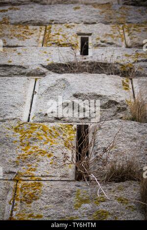 Primo piano di un muro costruito con grandi pietre e. piante cresciute attraverso le crepe Foto Stock