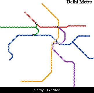 Mappa della metropolitana di Delhi, alla metropolitana, Modello di città di schema di trasporto per strada della metropolitana. Illustrazione Vettoriale