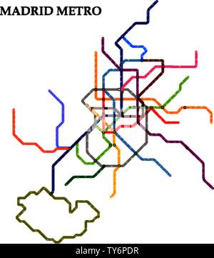 Mappa della metropolitana di Madrid, la metropolitana, il modello della città di schema di trasporto per strada della metropolitana. Illustrazione Vettoriale