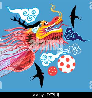Bella illustrazione luminoso di un drago cinese e nuvole. Design per una cartolina o una rivista. Illustrazione Vettoriale