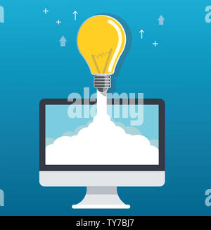 Lampadina della luce su cloud computing e l'avvio del computer concetto illustrazione Foto Stock