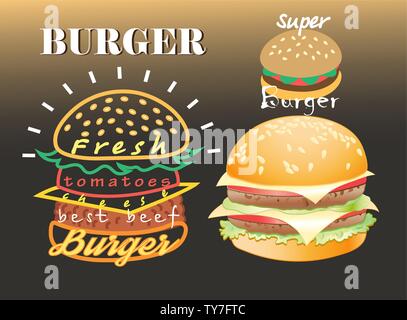 Set di vettore diverso super hamburger al buio su un lettering Phoneso. Un esempio di un menu, un poster o un cartellone di design. Illustrazione Vettoriale