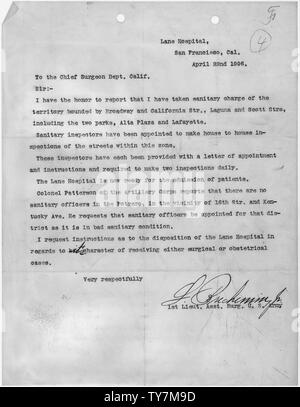 Lettera dal primo tenente, assistente chirurgo generale dell esercito statunitense a capo chirurgo generale, California, inviato da Lane Ospedale San Francisco Aprile 22 1966; Portata e contenuto: le informazioni contenute in questo documento riguardano la risposta federale per il 1906 San Francisco terremoto e fuoco. Foto Stock