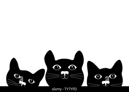 Tre simpatico gatto nero facce. Silhouette di gatti su sfondo bianco. Illustrazione Vettoriale