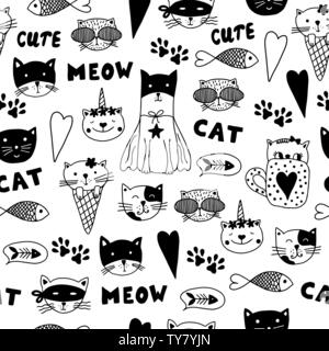 Modello senza cuciture con doodle gatti. In bianco e nero disegnato a mano gli animali. Può essere usato per il bambino libri, sito web sfondo, sfondo, imballaggio. Illustrazione Vettoriale