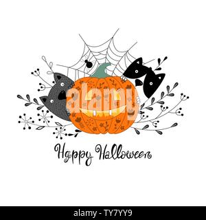 Happy Halloween card con zucca e carino gatti. Illustrazione Vettoriale. Illustrazione Vettoriale