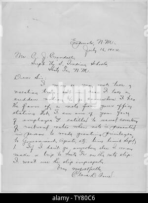 Lettera al provveditore chiedendo una ferrovia di velocità per un dipendente del governo.; Portata e contenuto: Lettera a Supt. Crandall da Miss vero chiedendo una nota indicante lei è un dipendente del governo in modo che lei potesse ottenere una speciale tariffa ferroviaria per i dipendenti del governo. Foto Stock