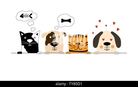 Funny dog e cute cat migliori amici. Illustrazione Vettoriale. Illustrazione Vettoriale