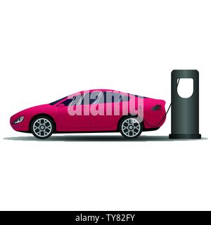 Red Hot in stile Europeo Sports-Car. Banner di vettore con auto elettrica e la stazione di carica. Illustrazione Vettoriale confrontando versus elettrico benzina auto Illustrazione Vettoriale