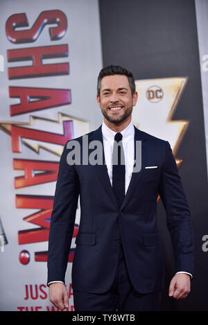 Zachary Levi assiste la premiere mondiale di 'Shazam!" presso la leva TCL Chinese Theatre di Los Angeles, la California il 28 marzo 2019. Foto di Chris Chew/UPI Foto Stock
