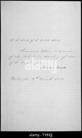 Messaggio del presidente Abraham Lincoln nomina William H. Seward a essere il Segretario di Stato, 03/05/1861 Foto Stock