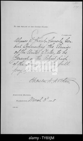 Messaggio del Presidente Chester A. Arthur nominating Ulysses S. Grant ad essere generale sull' elenco dei pensionati dell'esercito, 03/03/1885 Foto Stock