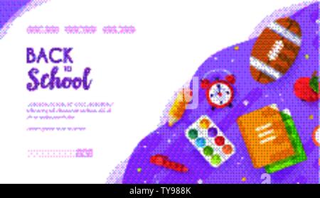Si torna a scuola, il concetto di istruzione. Escursioni della pupilla, schoolchild, studente con copybooks, acquarelli, matita, sveglia, penna, Apple, football americano palla. Vista dall'alto. Vettore orizzontale piana. Illustrazione Vettoriale