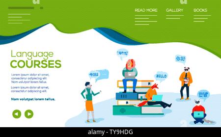 Lepre, lion, gatto, fox, panda dire ciao in lingue straniere. Sfondo di istruzione con i libri, i notebook, gli studenti, gli insegnanti. Concetto di corsi di lingue, webinar. Vector design piatto. Posto per il testo. Illustrazione Vettoriale