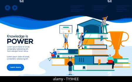 Diversi temperamenti gli studenti e gli insegnanti di stand, sedersi con fermo, libri, laptop, certificato premio cub. Concetto di distanza online istruzione, la conoscenza è potere. Vector design piatto. Copia dello spazio. Illustrazione Vettoriale