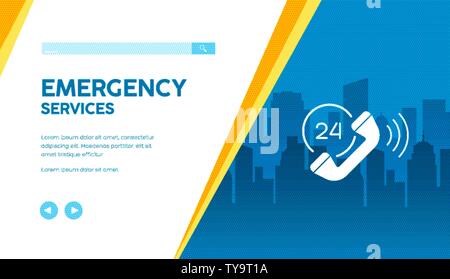24 ore Servizi di emergenza il vettore banner sul background urbano. Medici, materiale pericoloso risposta, antincendio, indagine penale specialisti, idraulici in contatto per telefono modello. Copia dello spazio. Illustrazione Vettoriale