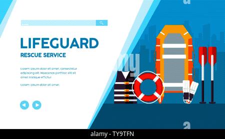 Bagnino di salvataggio Attrezzature per lavorare sulla spiaggia: life saver, giubbotto, pinne, remi, barca. Costume vettore banner di piatto sul fondo urbano. Salvataggio del modello di servizio per il sito web. Posto per il testo. Illustrazione Vettoriale