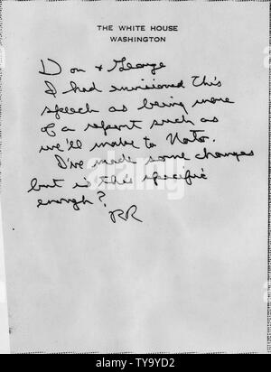 Nota da Ronald Reagan re suo Novembre 21, 1985 Indirizzo a una sessione congiunta del Congresso sul vertice di Ginevra; Portata e contenuto: Copia del coperchio manoscritta nota da Reagan, attaccato alla sua copia modificata del discorso di progetto. Foto Stock