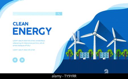 Paesaggio con turbine eoliche, pannelli solari utilizzando per la produzione di energia elettrica. Concetto di vettore di energie rinnovabili, energia pulita e sostenibile. Ecologico la tecnologia moderna banner. Posto per testo, copiare lo spazio. Illustrazione Vettoriale