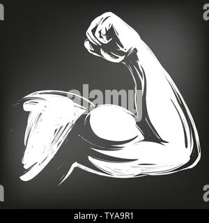 Braccio, bicipite, forte mano icona simbolo del fumetto disegnato a mano illustrazione vettoriale sketch, disegnati in gesso su una lavagna nera Illustrazione Vettoriale