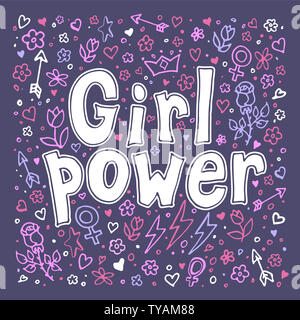 Girly slogan femminista con disegnati a mano scritte Girl power. Femmina simbolo motivazione in cartoon lo stile comico. Per la stampa di poster, t-shirt, cartolina o ap Foto Stock