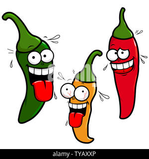 Peperoni jalapeno messicani. Divertente mascotte cartoni animati peperoncino piccante personaggi in diversi colori. Foto Stock