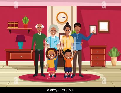 Famiglia nonni, genitori e bambini e cartoni animati Illustrazione Vettoriale
