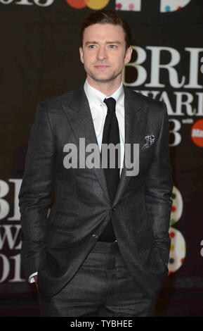 Cantante americana Justin Timberlake assiste il Brit Awards 2013 all'O2 Arena di Londra il 20 febbraio 2013. UPI/Paolo Treadway Foto Stock