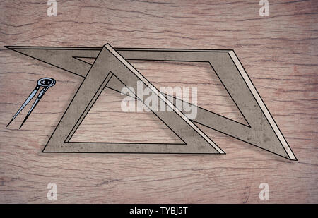 La geometria e la scienza concetto illustrazione con i righelli triangolare e una bussola Foto Stock