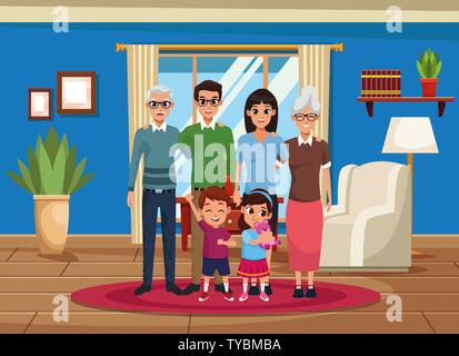 Famiglia nonni, genitori e bambini e cartoni animati Illustrazione Vettoriale