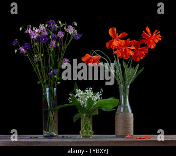 Bouquet di papaveri rossi, un bouquet di gigli bianchi della valle e un mazzo di fiori le campane in vasi di vetro su uno sfondo nero close-up Foto Stock