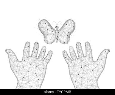 La farfalla e la mano umana bassa poli design, falene stile poligonale, Entomologia wire frame illustrazione vettoriale su sfondo bianco Illustrazione Vettoriale