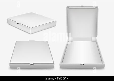 Vettore 3D realistici bianca vuota chiusa ed aperta Scatola pizza template impostare Closeup isolati su sfondo bianco. Mockup per Logo, Corporate Design. Parte superiore Illustrazione Vettoriale