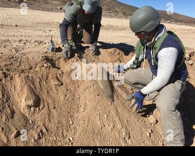 Task Force Skaven ruolo i giocatori con la XI Armored reggimento di cavalleria, posizionare un lato strada improvvisata dispositivo esplosivo lungo un percorso di alimentazione all'interno della National Training Center, Fort Irwin, California, durante una rotazione di NTC, nov. 2, 2016. TF Skaven ruolo giocatori di giocare un ruolo chiave mediante la replica delle minacce ibrido durante le rotazioni, che migliora notevolmente la formazione complessiva esperienza per la formazione di rotazione unità. Foto Stock