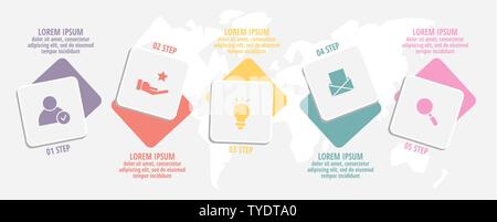 Vector Infographics modello piatto con cinque rettangoli angoli arrotondati. Utilizzate 5 opzioni per lo schema, grafico concetto aziendale, contenuto, del diagramma di flusso, timel Illustrazione Vettoriale