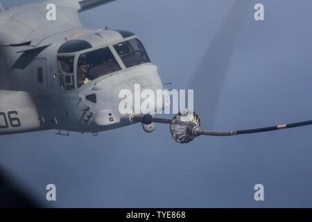 Stati Uniti Marines assegnati a scopo speciale Marine Air Ground Task Force - Risposta in caso di crisi - Africa operano una MV-22B Osprey e antenna di condotta il rifornimento di carburante attraverso una KC-130J Hercules's air-air refuelling pod in prossimità di Morón Air Base, Spagna, nov. 3, 2016. La possibilità di fare rifornimento di carburante di un aereo da combattimento mid-flight aids SPMAGTF la risposta in caso di crisi mission aumentando Marine raggiungere operativo a distanze maggiori. Foto Stock