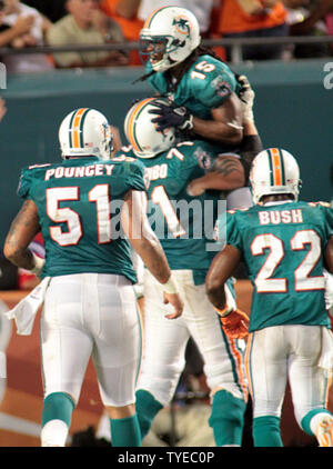 Miami Dolphins wide receiver Devon Bess (15) si congratula con i compagni di squadra dopo aver segnato nella seconda metà dell'azione tra i delfini di Miami e il New England Patriots Al Sun Life Stadium di Miami, in Florida, il 12 settembre 2011. I Delfini di Miami ha battuto il New England Patriots 38-24.. UPI/Susan Knowles Foto Stock