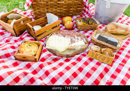 Grande concetto di pic-nic, pic-nic con frutta e succhi di frutta sul prato verde con bella vista Foto Stock