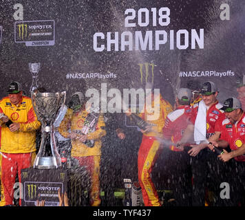 Joey Logano (22) celebra wining la NASCAR Cup Series Championship e EcoBoost 400 gara di Homestead-Miami Speedway a Homestead, Florida il 18 novembre 2018. Foto di Gary mi Rothstein/UPI Foto Stock