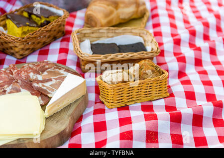 Grande concetto di pic-nic, pic-nic con frutta e succhi di frutta sul prato verde con bella vista Foto Stock