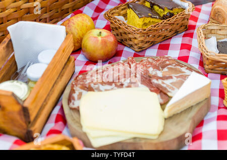 Grande concetto di pic-nic, pic-nic con frutta e succhi di frutta sul prato verde con bella vista Foto Stock