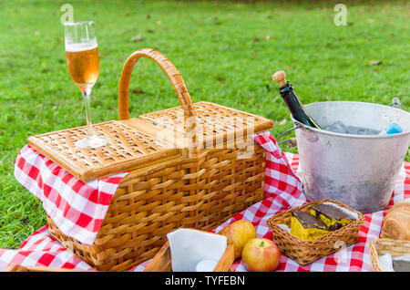 Grande concetto di pic-nic, pic-nic con frutta e succhi di frutta sul prato verde con bella vista Foto Stock