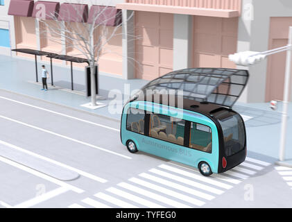 Auto-pilotaggio del bus navetta è la guida attraverso un incrocio. Il rendering 3D'immagine. Foto Stock