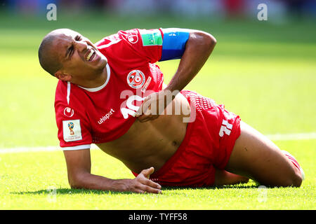 Wahbi Khazri tunisina reagisce durante il 2018 Coppa del Mondo FIFA Gruppo G corrisponde all'Spartak Stadium di Mosca, Russia il 23 giugno 2018. Il Belgio ha sconfitto la Tunisia 5-2. Foto di Chris Brunskill/UPI Foto Stock