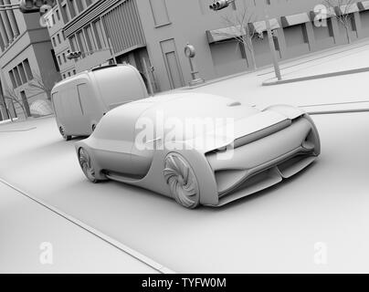 Il rendering di argilla di auto berlina guida guida su strada. Autostop concetto. Il rendering 3D'immagine. Foto Stock