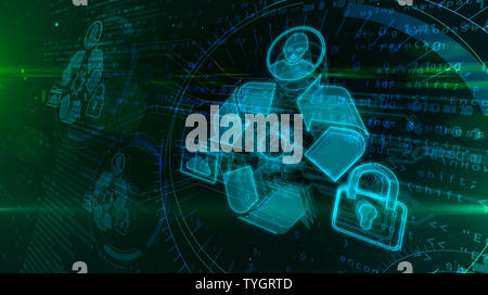 Gestione dei dati ologramma su dinamico sfondo futuristico. Moderno e futuristico concetto di file storage, cyber security, computer utilizzando e digital p Foto Stock
